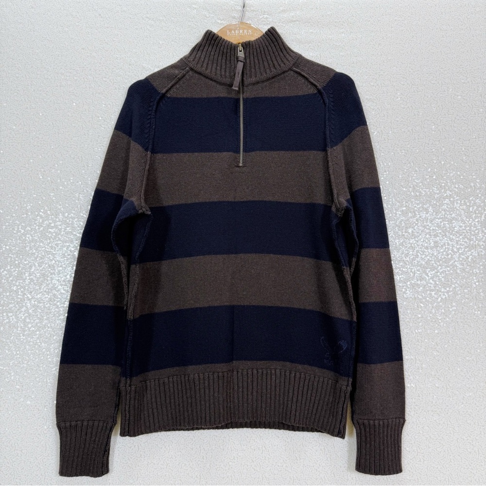 American Eagle Striped Quarter Zip Sweater Men’s Medium Brown Navy 100% Cotton M